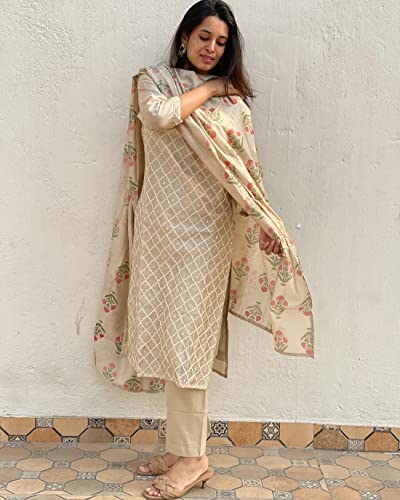 GoSriKi Womens Cotton Blend Embroidered Straight Kurta with Pant & Dupatta (MYSURU-Cream_L-GS_Cream_Large)
