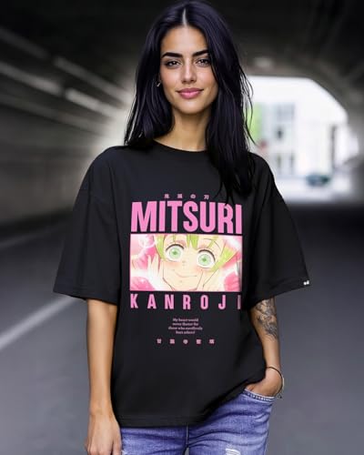 Bewakoof Official Demon Slayer Merchandise Mitsuri Kanroji Womens Graphic Print Oversized Fit Half Sleeve Round Neck Cotton T-S