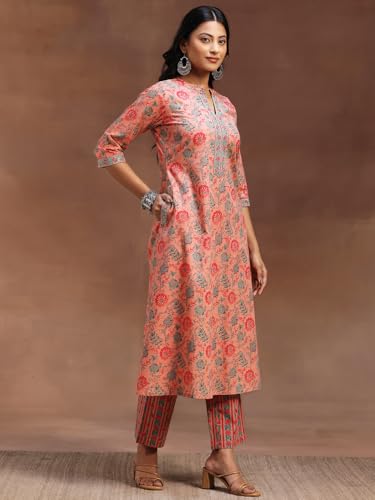 Libas Womens Printed Cotton A-Line Kurta With Trousers And Dupatta