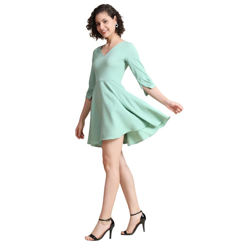 Toochki WomenS Sea Green Cotton Blend Solid Fit & Flared Western Dress | Dress For Women | A Line Dress | Winter Dress | Wester