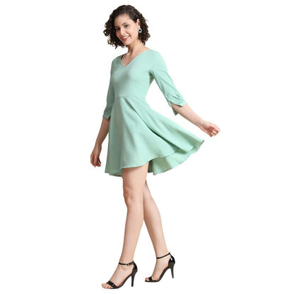 Toochki WomenS Sea Green Cotton Blend Solid Fit & Flared Western Dress | Dress For Women | A Line Dress | Winter Dress | Wester