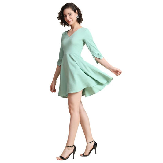 Toochki WomenS Sea Green Cotton Blend Solid Fit & Flared Western Dress | Dress For Women | A Line Dress | Winter Dress | Wester
