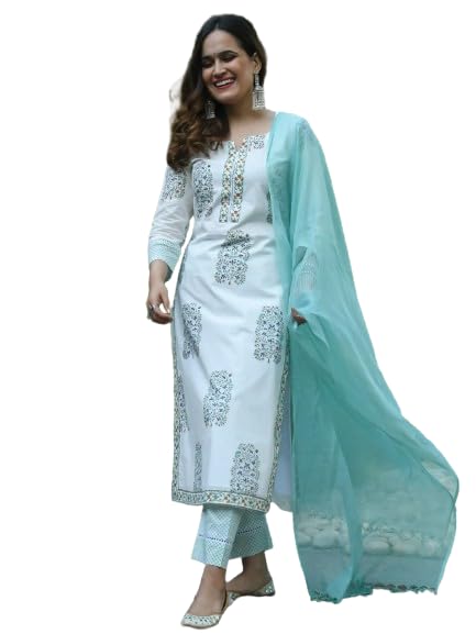 Pinkmint Womens Printed Straight Kurta with Pant & Dupatta Suit ll Festival Wear