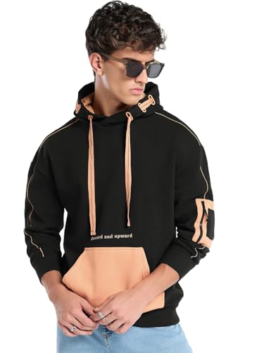 Bewakoof Heavy Duty 1.0 MenS Color Block Oversized Fit Full Sleeve Cotton Blend Hoodies_682727_Black_L