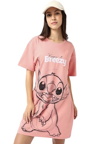 Bewakoof Official Disney Merchandise Stitch WomenS Graphic Print Regular Fit Half Sleeve Round Neck Pure Cotton T-Shirt Dress_67