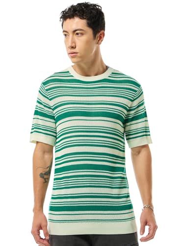 Bewakoof Mens Striped Regular Fit Half Sleeve Round Neck Cotton Flatknit T-Shirt_634374_Beige_XL