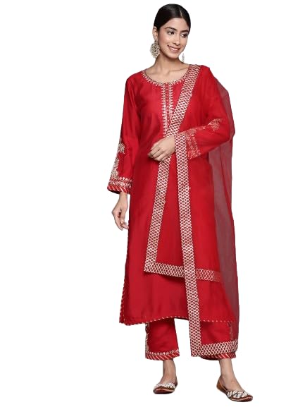 Varanga Women Red Yoke Embroidered Straight Kurta Paired With Tonal Bottom And Net Dupatta With Four Side Embroidered Taping