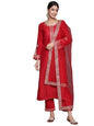 Varanga Women Red Yoke Embroidered Straight Kurta Paired With Tonal Bottom And Net Dupatta With Four Side Embroidered Taping
