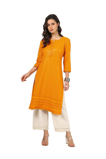Soch Womens Mustard Rayon Embroidered Kurta With Sequence Work