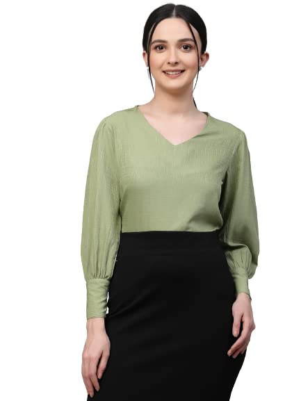 Style Quotient Women SAGE Green Solid Polyester Regular Smart Casual Tops