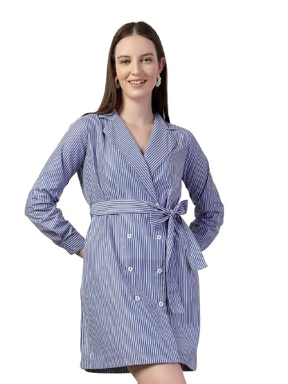 Style Quotient Women Blue And White Stripe Polycotton Double Breasted Polycotton Blazer Dress