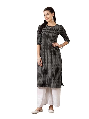 Stylum Women's Woven Design Cotton Blend Straight Kurta (VEDIKA_Black)