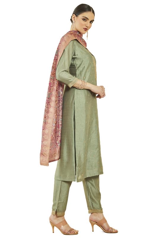 Soch Womens Sap Green Silk Blend Zari Embroidered Suit Set With Contrast Dupatta