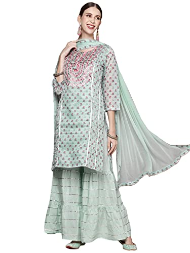 ishin Women's Pink Yoke Design Straight Kurta set With Trouser and Dupatta