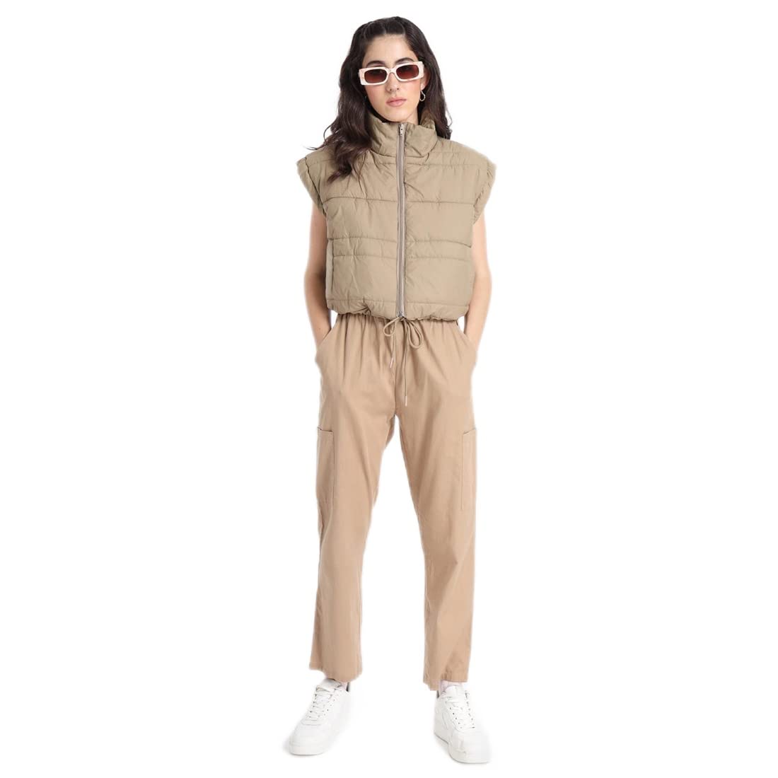Bewakoof Womens Solid Beige Mock Neck Oversized Sleeveless Puffer Jacket