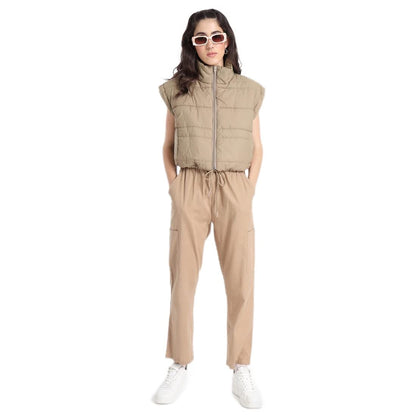 Bewakoof Womens Solid Beige Mock Neck Oversized Sleeveless Puffer Jacket