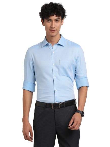 Turtle Men Giza Cotton Sky Blue Self Design Slim Fit Formal Shirts