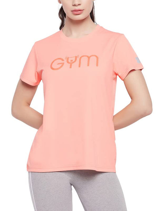 Clovia Womens Text Print Active T-Shirt (AT0188P34_Peach_M)