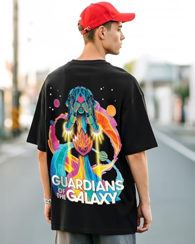 Bewakoof X Official Marvel Merchandise Mens Galaxy Ship Graphic Printed Oversized 100% Cotton Jersey T-Shirt Oversized Fit, Rou
