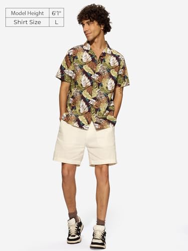The Souled Store Just Leafy Men and Boys Short Sleeves Collared Neck Button Front Multicolor All Over Printed Cotton Holiday Shi