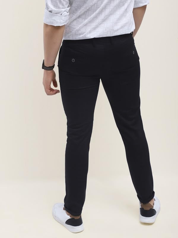 Turtle Men Cotton Stretch Black Check Narrow Fit Casual Trouser