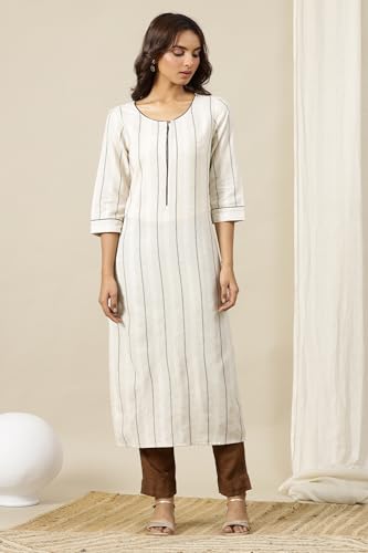 Aurelia Women? Striped Straight Cotton Blend Kurta | Lightweight Round Neck Kurta for Women Cotton | Yarn Dyed Kurta for Women | Soft & Breathable Regular Fit Kurta for Women