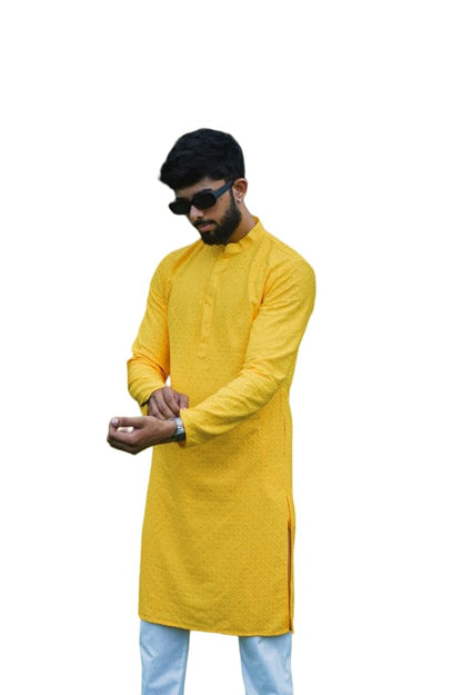 LookMark Present Mens Pure Rayon Chikankari Sequins Kurta||Mens Chikankari Yellow Coloured Kurta|| AZ-LM-OG-Kurta 11 Yellow-L