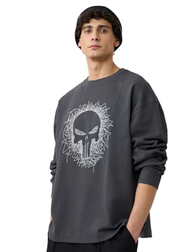 The Souled Store Punisher: Chaos Men And Boys Round Neck Grey Embroidered Cotton Oversized Full Sleeve T-Shirts