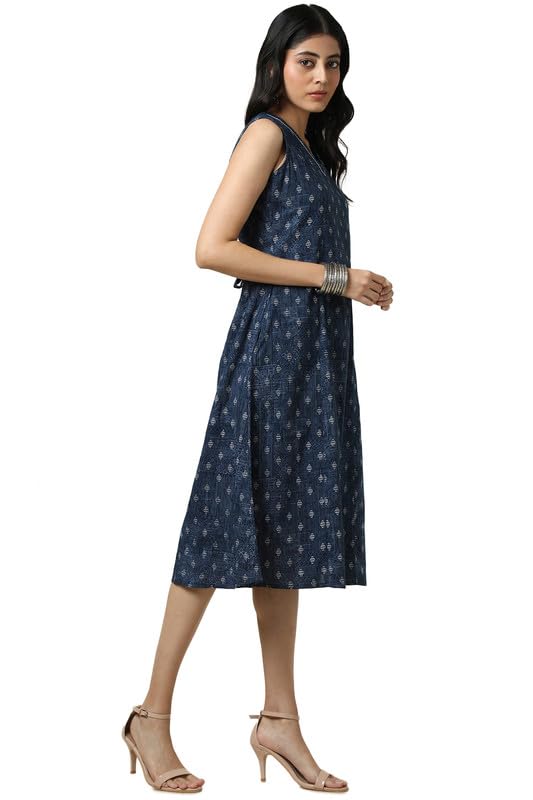 Soch Womens Indigo Cotton Slub Geometric Print Dress