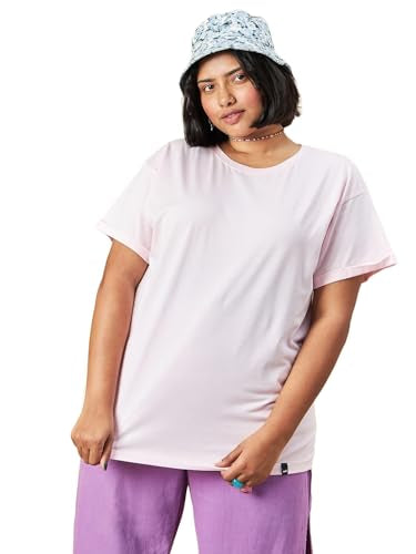 Bewakoof Womens Solid Boyfriend Fit Half Sleeve Round Neck Cotton Plus Size T-Shirt 617294 Pink 4XL