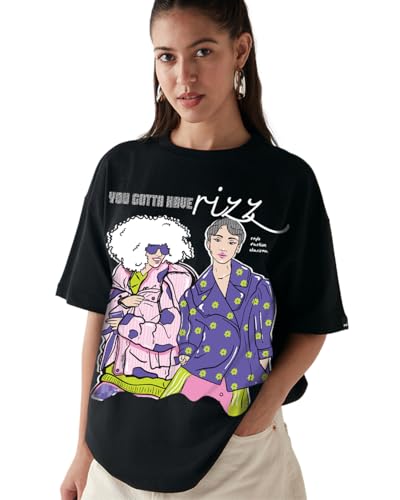 Bewakoof Heavy Duty 1.0 WomenS Graphic Print Oversized Fit Half Sleeve Round Neck Terry; 100% Cotton T-Shirt_654696_Black_Xl