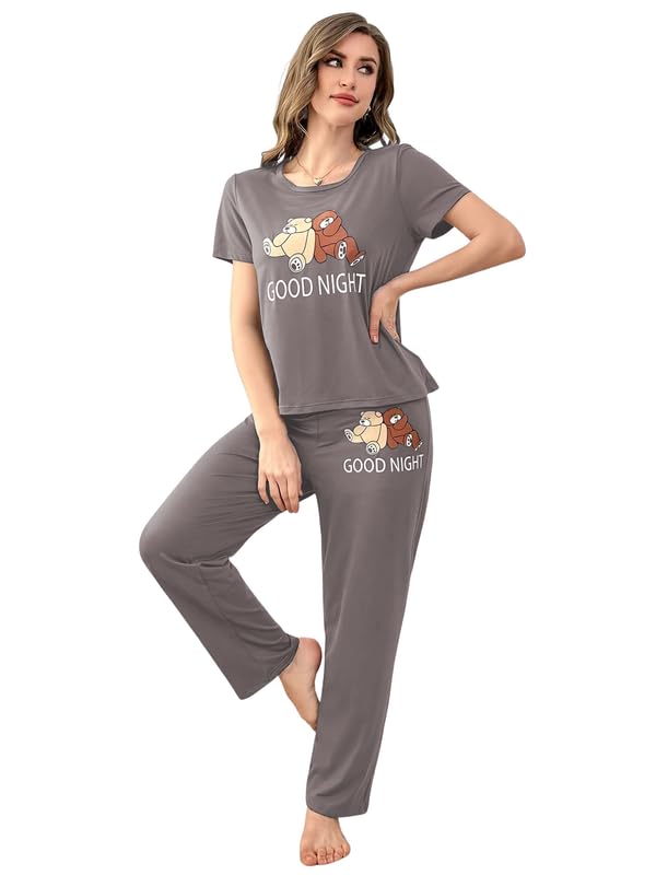 SMOWKLY Womens Premium Cotton Blend Cute Print Two Piece Pj Sleepwear Co-ord Set || Stylish Top with Pajama Pant Comfy Loungwea