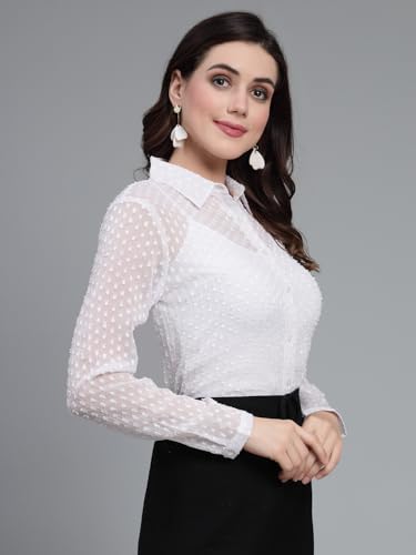Style Quotient Women White Self Design Swiss Dot Polyester Smart Casual Shirt