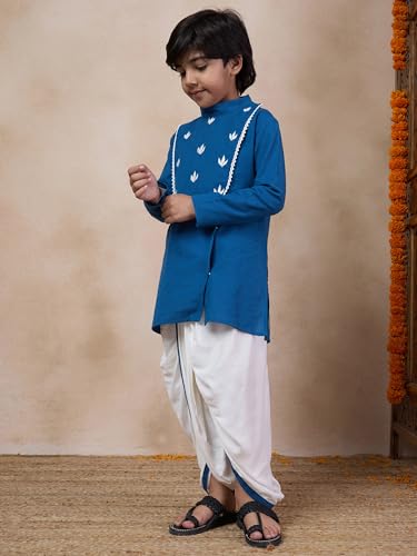 Pspeaches Boys Mandarin Collar Floral Yoke Design Regular Thread Work Kurta With Dhoti Pants (12-14Years)