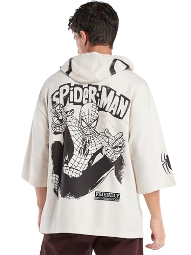 Bewakoof Official Marvel Merchandise Spiderman MenS Graphic Printed Oversized Fit Half Sleeve Cotton Terry Hoodie T-Shirt_687441