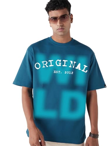 Bewakoof Original Men Typography Oversized Fit Half Sleeve Round Neck 100% Cotton T-Shirt_666531_Blue_S