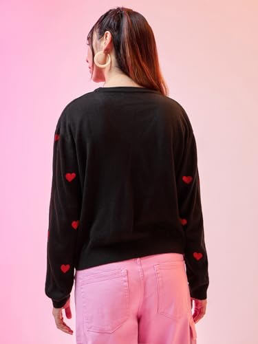Bewakoof Womens AOP Oversized Fit Full Sleeve V-Neck Acrylic Sweater