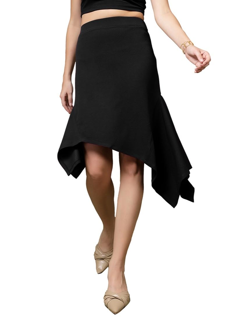 OOMPH! A-Line Handkerchief Hem Lycra Skirt for Women Black - msk107