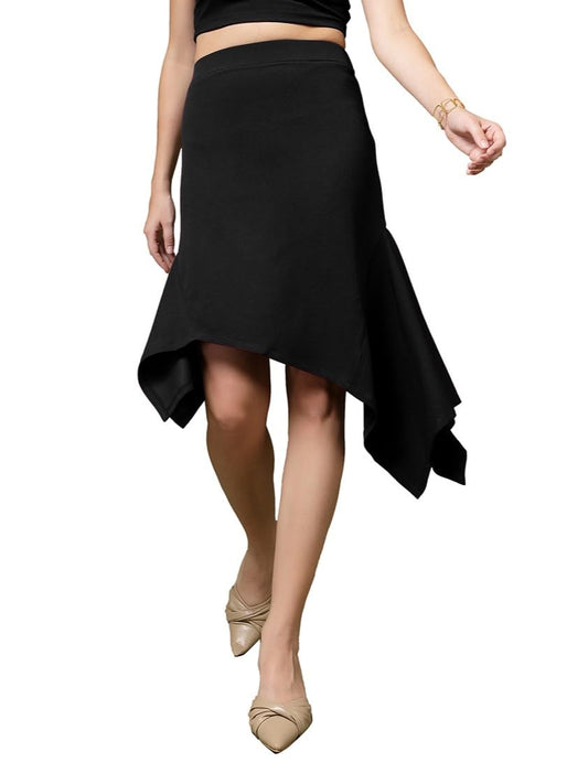 OOMPH! A-Line Handkerchief Hem Lycra Skirt for Women Black - msk107