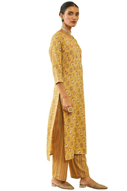 Soch Womens Mustard Rayon Floral Print Round-Neck Straight Kurta Sets with Pocket