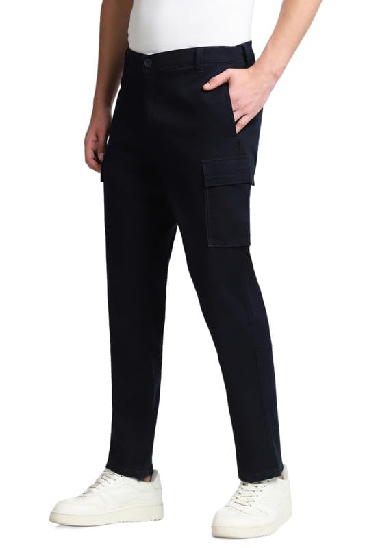 Dennis Lingo Mens Full Length Cotton Lycra Solid Slim Fit Cargo Trousers Navy