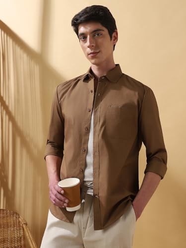 Dennis Lingo Men Solid Cotton Spread Collar Full Sleeves Regular Fit Shirt Brown