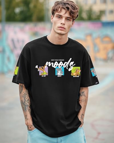 Bewakoof X Official Tom & Jerry Merchandise Mens Friends & Feelings T&J Graphic Printed 100% Cotton T-Shirt - Oversized Fit, Ro