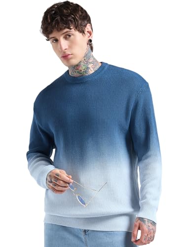 Bewakoof MenS Ombre Oversized Fit Full Sleeve Round Neck Pure Cotton Sweater_680229_Blue_Xl