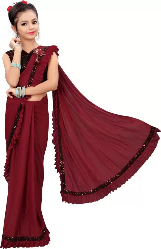 Dhyey fashion Girls Lycra Blend Ruffle Pattern Saree With Velvet Unstitched Blouse Piece
