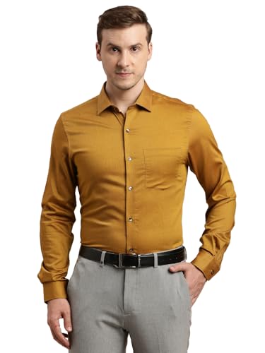 Turtle Men 100% Cotton Slim Fit Mustard Self Design Formal Shirt
