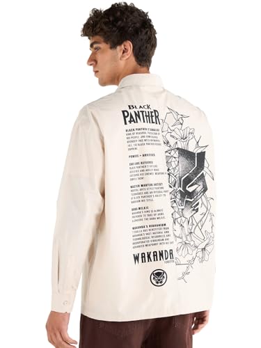 Bewakoof Official Marvel Merchandise Mens Graphic Print Oversized Fit Full Sleeve Collared Poplin Shirt_666763_Beige_S