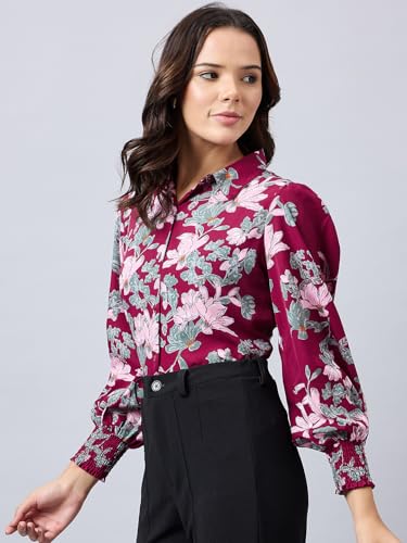 Style Quotient Women Maroon and Multi Floral Printed Polyester Regular Fit Smart Casual Shirt