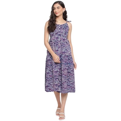 Fabindia Women'S Printed Purple Cotton V-Neck Midi Dress Calf Length 209953701