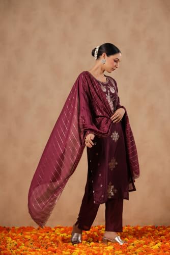 ishin Women's Poly Silk Self Design Magenta Straight Kurta Suit Set with Trousers and Dupatta
